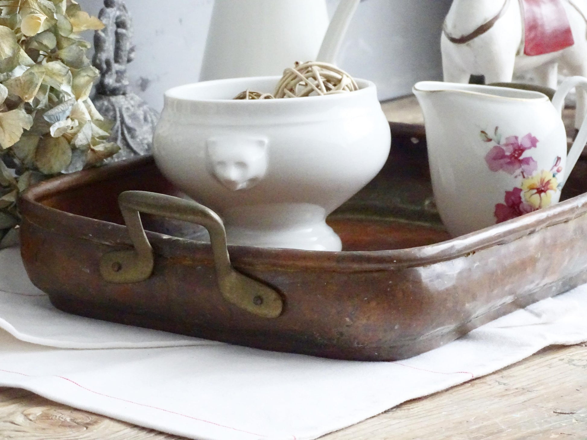 Hammered Copper Roasting Pan, Brass Handles, Rustic Farmhouse Serving Tray