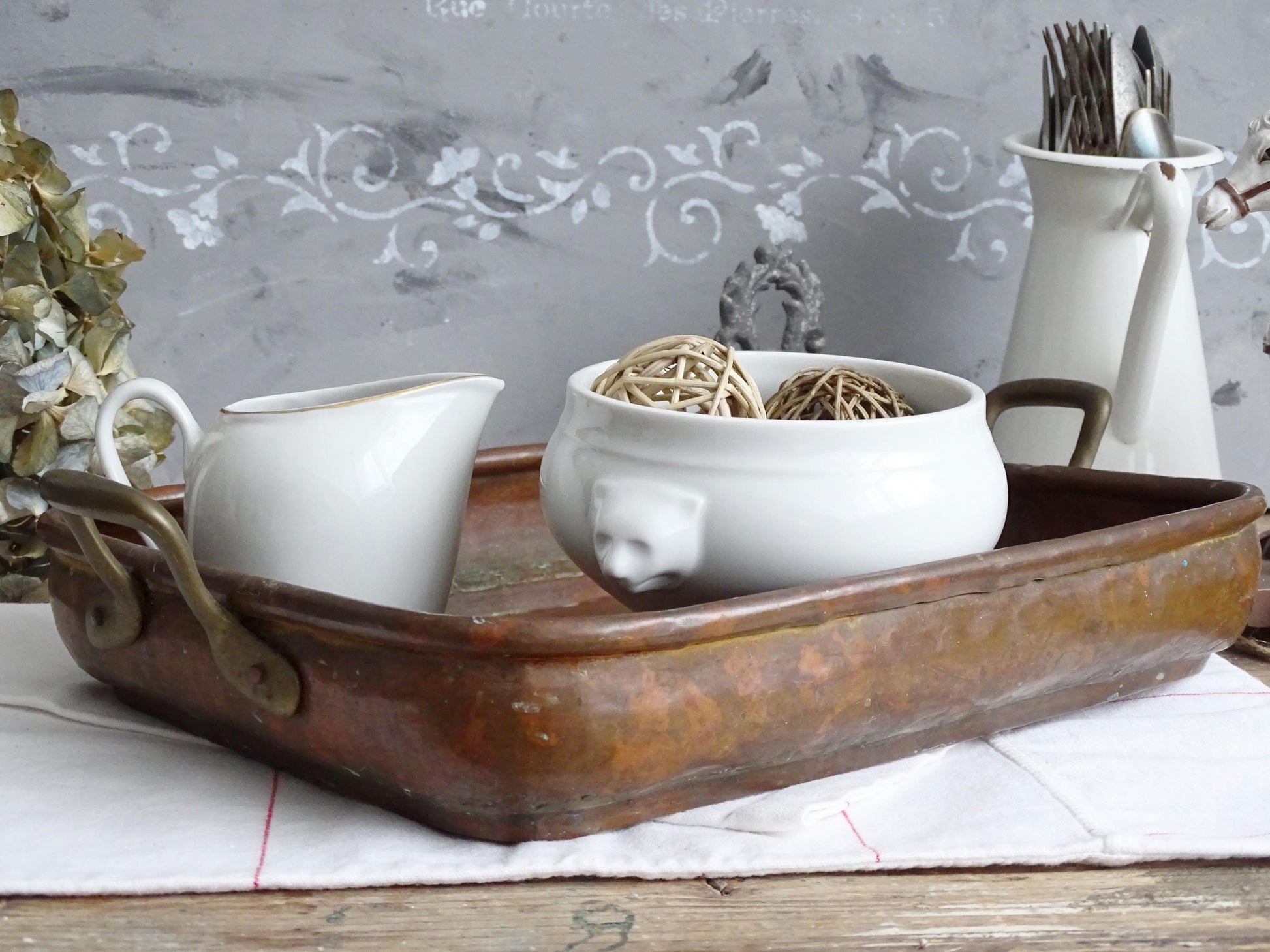 Hammered Copper Roasting Pan, Brass Handles, Rustic Farmhouse Serving Tray
