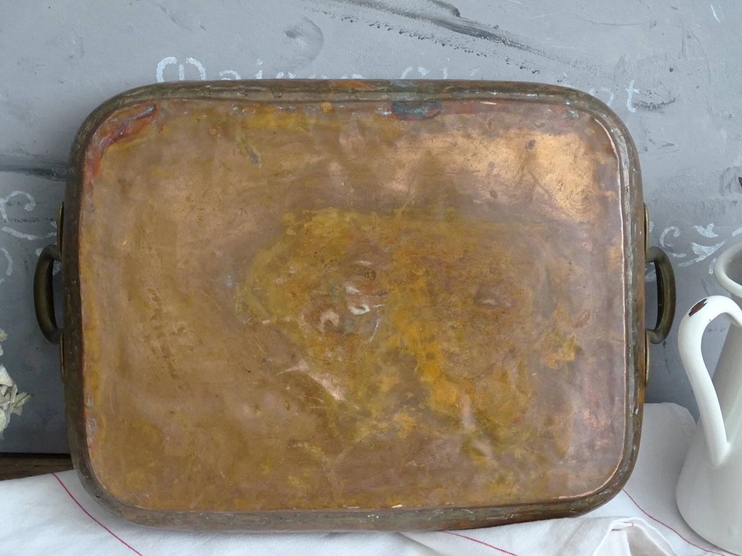 Hammered Copper Roasting Pan, Brass Handles, Rustic Farmhouse Serving Tray