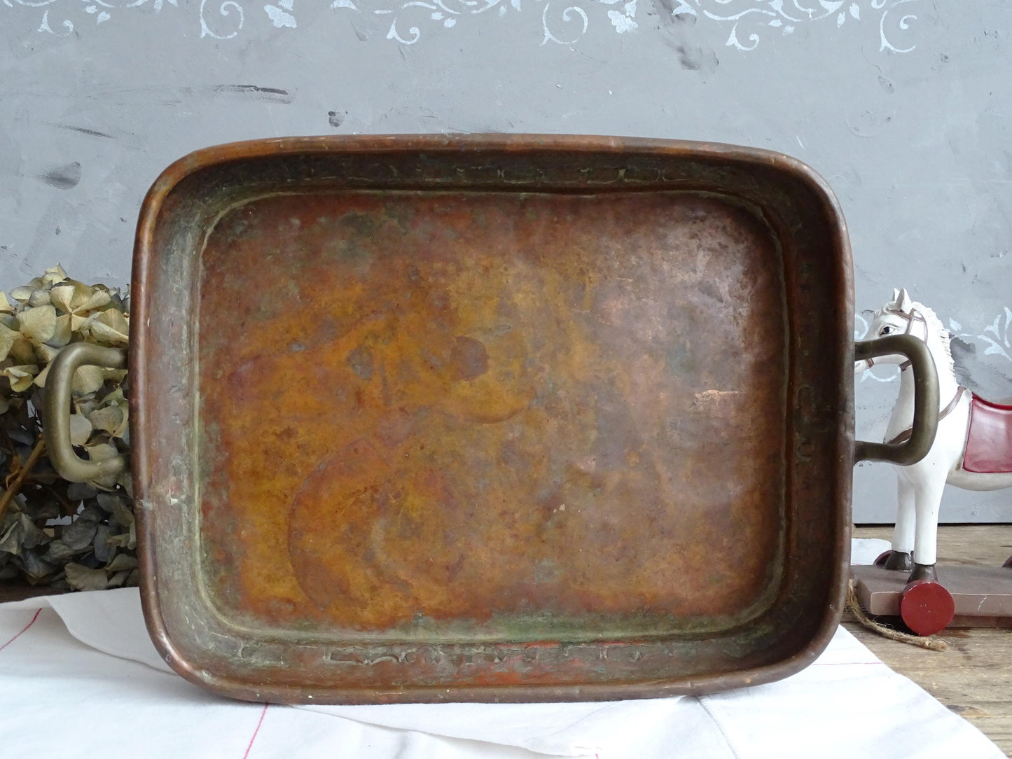 Hammered Copper Roasting Pan, Brass Handles, Rustic Farmhouse Serving Tray