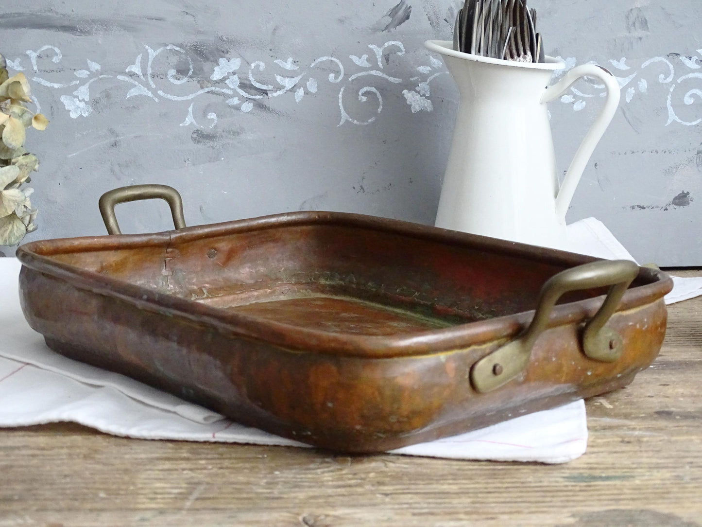 Hammered Copper Roasting Pan, Brass Handles, Rustic Farmhouse Serving Tray
