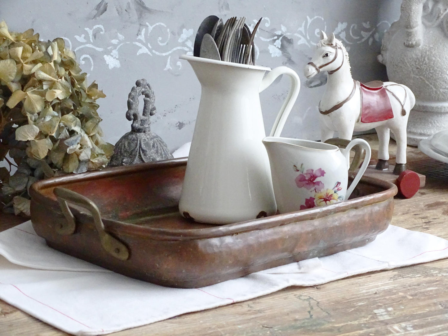 Hammered Copper Roasting Pan, Brass Handles, Rustic Farmhouse Serving Tray