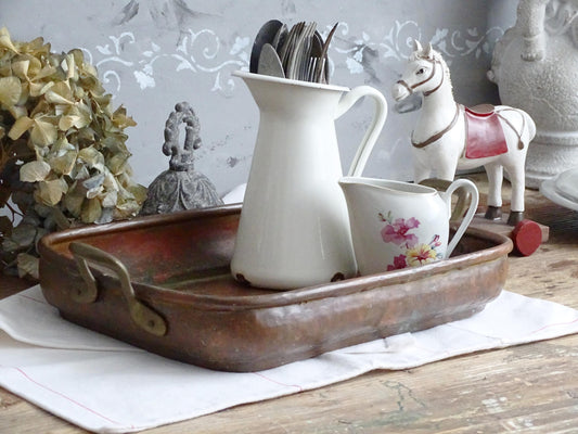 Hammered Copper Roasting Pan, Brass Handles, Rustic Farmhouse Serving Tray